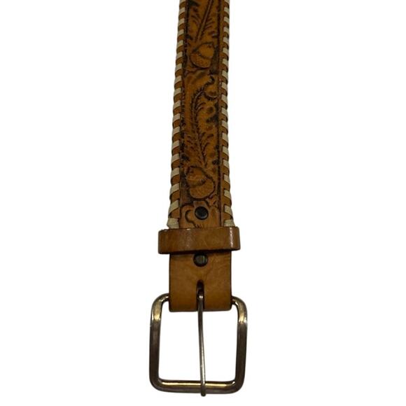 Unknown-Tooled Leather Western Belt With A Silver Tone Buckle - Picture 2 of 7